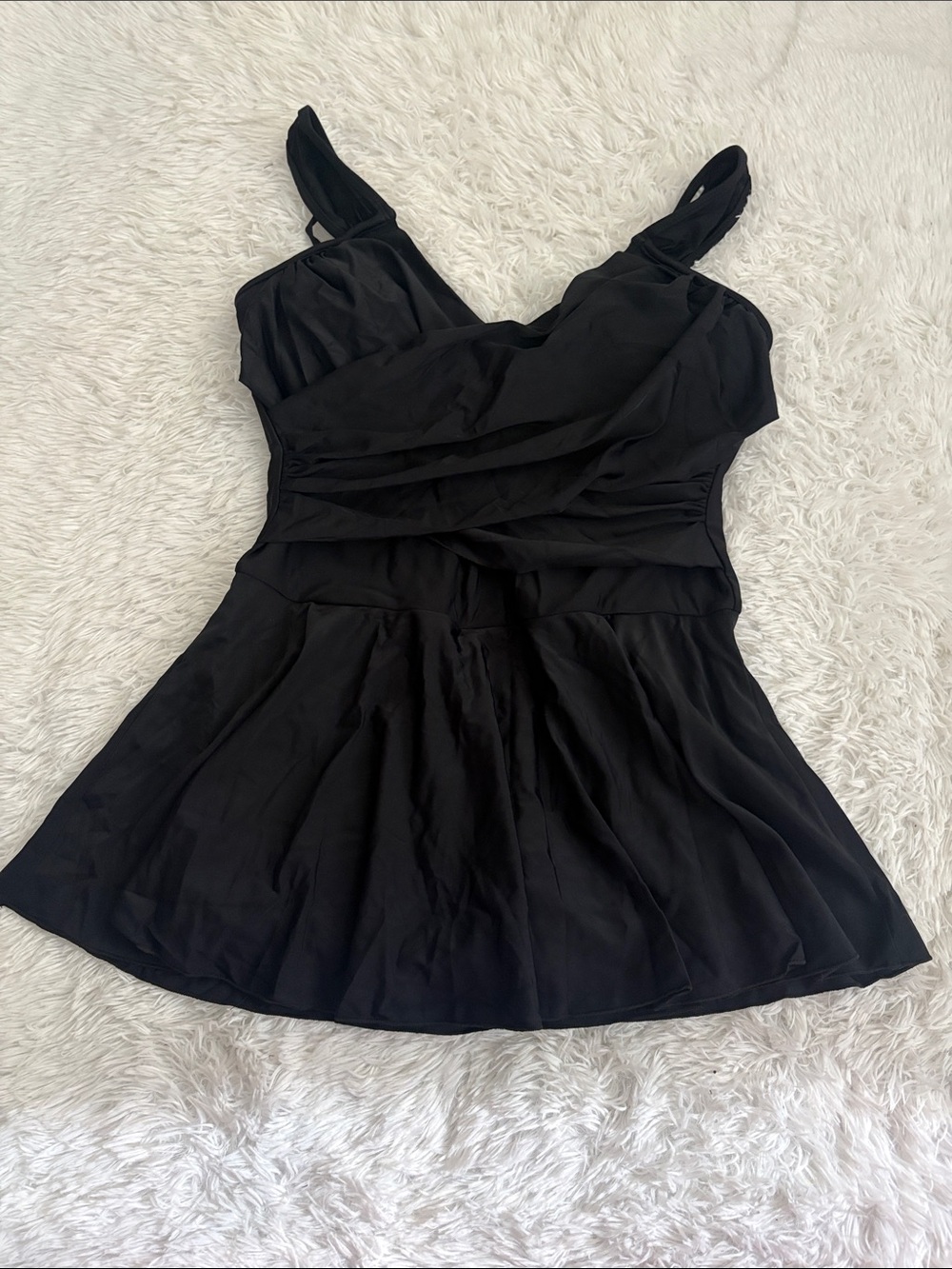 New Black Cross Over Front One Piece Swim Dress With Built In Shorts Underneath